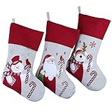 Wewill Brand Lovely Christmas Stockings Set of 3 Santa, Reindeer, Snowman Xmas Character 3D Plush Linen Hanging Tag Knit Border 17 Inch (3)