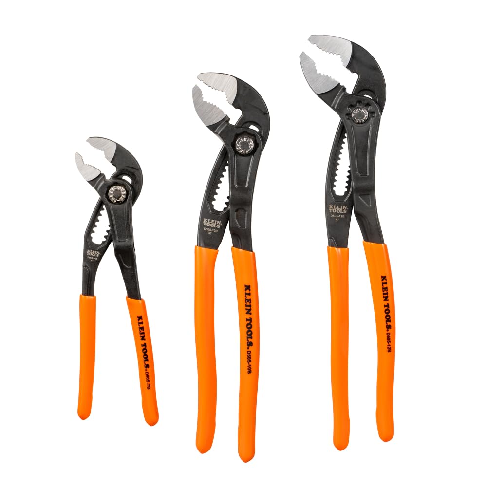 Photo 1 of Klein Tools D5053BKIT 3-Piece Quick-Adjust Klaw Pump Pliers Set, 7-Inch, 10-Inch, and 12-Inch, Compact Design with V-Jaw and Hardened Teeth for Maximum Torque