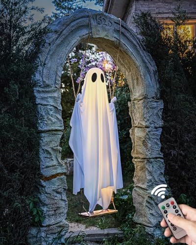 MERKYO Halloween Decorations Outdoor - 5 FT Large Hanging Swing Ghost Halloween Decor with String Lights, Spooky Cute Ghosts Decorations for Front Porch Yard Tree