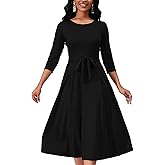 Women's Caual Midi Dress 3/4 Sleeve Crewneck A-line Swing Dress for Women with Belt for Wedding Guest & Cocktail Party