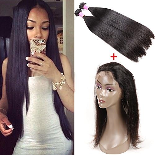 Miss Flower 360 Lace Frontal Closure With Bundles 8A Brazilian Straight Virgin Hair With Closure 2/3 Bundles Human Hair With 360 Lace Frontal Closure Brazilian Virgin Hair (18 18+16 closure)