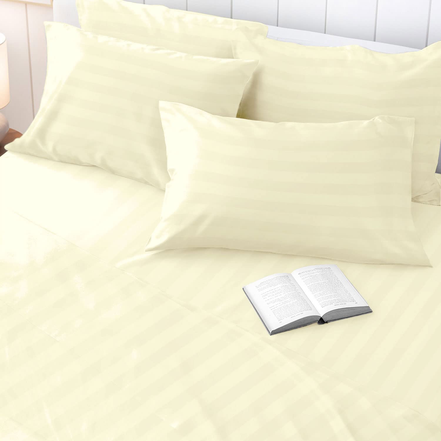 Pizuna 100% Cotton Satin Stripe Cream Housewife Pillowcases 2 Pack, 300 Thread Count Damask Bedding Long Staple Combed Cotton Sateen Pillow Case 48x74 (Cream Pillow Cases 2 Pack) - — image 1