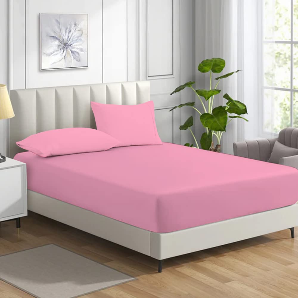 MistyMorning Fitted Sheet, Soft & Premium quality Bedding & Linen, 11''/28cm deep sheet, Egyptian Cotton with 200 Thread Count. (Pink, Double) — image 1