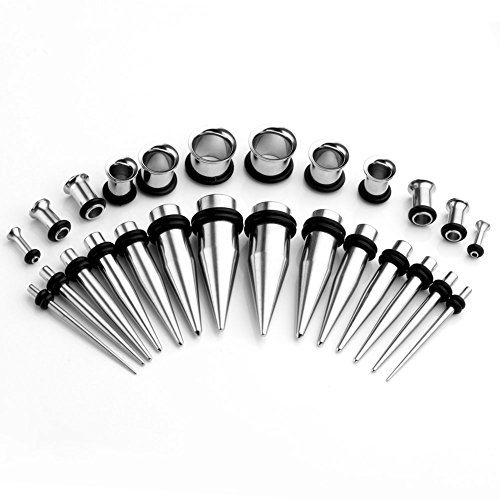 PiercingJ 28pcs 12G-00G / 12G-1/2" Surgical Stainless Steel Tapers Stretching Kit + Flared Ear Tunnel Stretcher Set