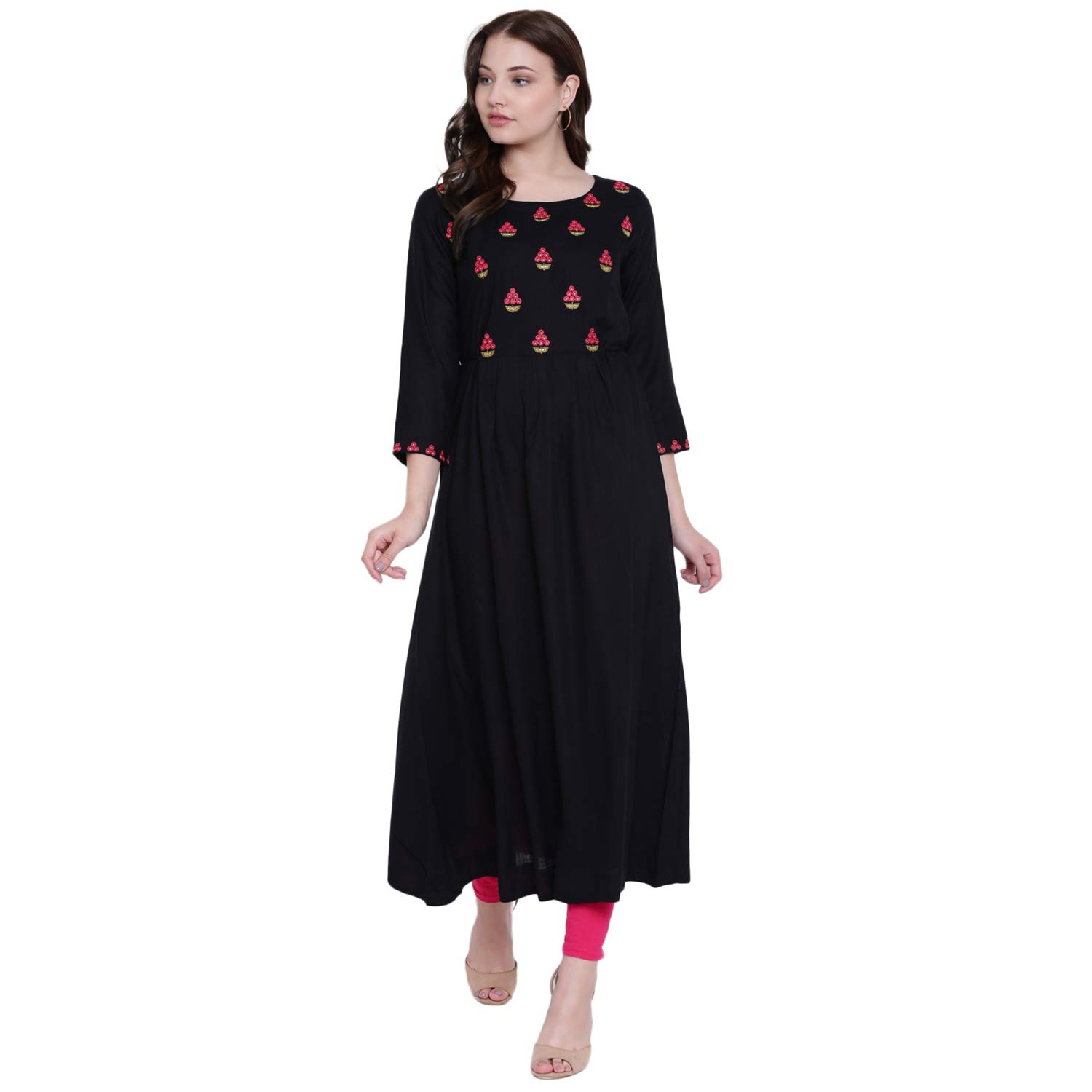 gulmohar jaipur women's rayon slub a-line kurti (black)