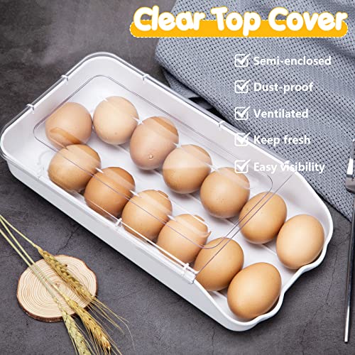 HANSGO Egg Holder for Refrigerator, Automatic Rolling Egg Dispenser Egg Storage Box with Lid 14 Count Egg Organizer for Kitchen Refrigerator
