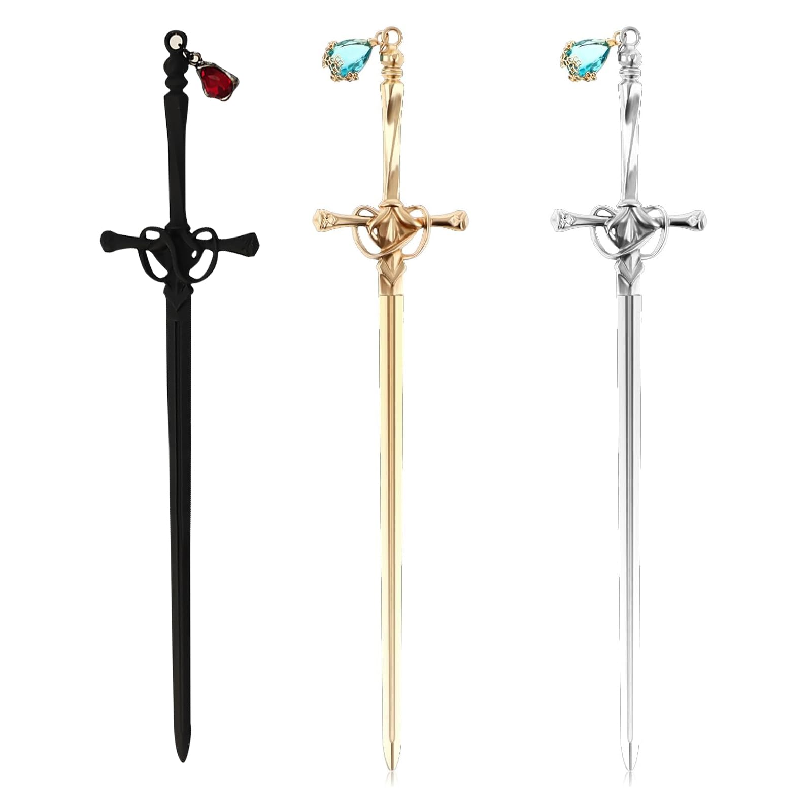 JRYGAC 3-Piece Metal Sword Bookmarks with Crystal Pendant, Vintage Sword Shape Hair Sticks for Women, Gift for Adults and Students