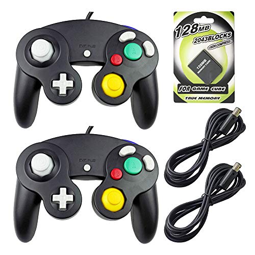 AreMe 2 Packs Game Cube Controllers with 2 Extension Cables and 128mb Memory Card for Nintendo Wii Gamecube GC Console(Black)