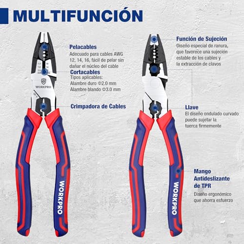 WORKPRO Universal Pliers, 5 in 1 Multifunctional Pliers with Wire Stripper, Wire Cutter, Professional Wire Stripper, Chrome Vanadium Steel, with Non-Slip Handle | Multifunctional Chrome Vanadium Steel Pliers with Wire Stripper, Cutter and Non-Slip Handle for Electricians