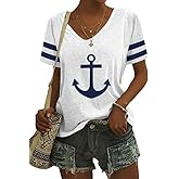 Womens Nautical Anchor Print T Shirt Casual Marine Sea Sailor Short Sleeve V Neck Top Blouse
