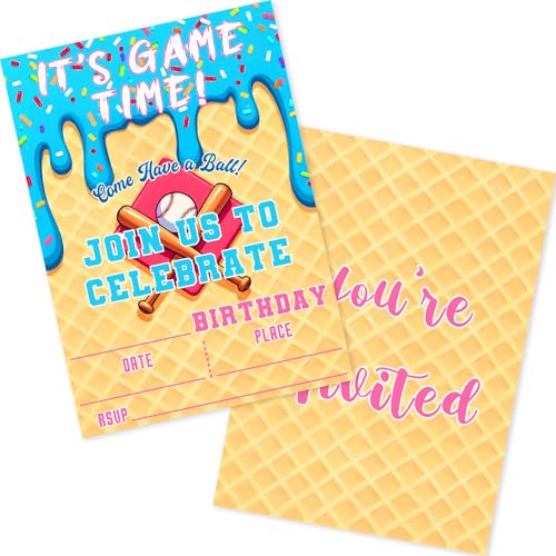 DoneJPee 24 Set Ice Cream Drip Baseball Birthday Party Invitations at Amazon