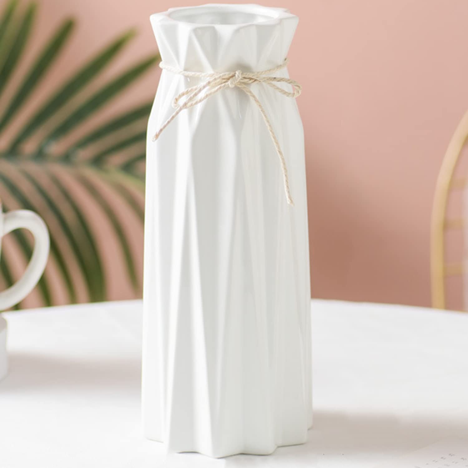 Photo 1 of Disoza Ceramic Flower Vase Modern Home Decor Vases for Centerpieces White Minimalist Farmhouse 9.5" H x 3.9" W Cute Decorative Vases Flowers Tulip Pampas Grass Vase for Table Bathroom Shelf