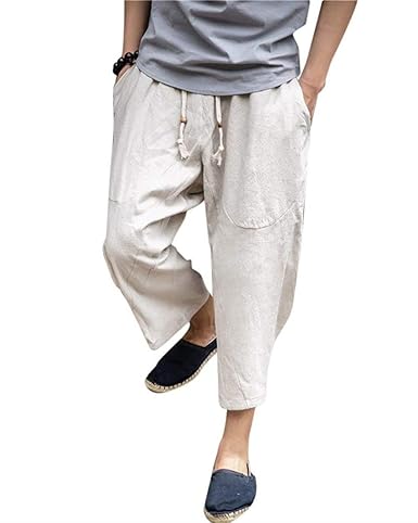 Retro Freizeithose Herren Lose Leichte Taille Haremshose Elastisch 7/8 Bekleidung Hose Sommerhose Pluderhose Mit Tunnelzug