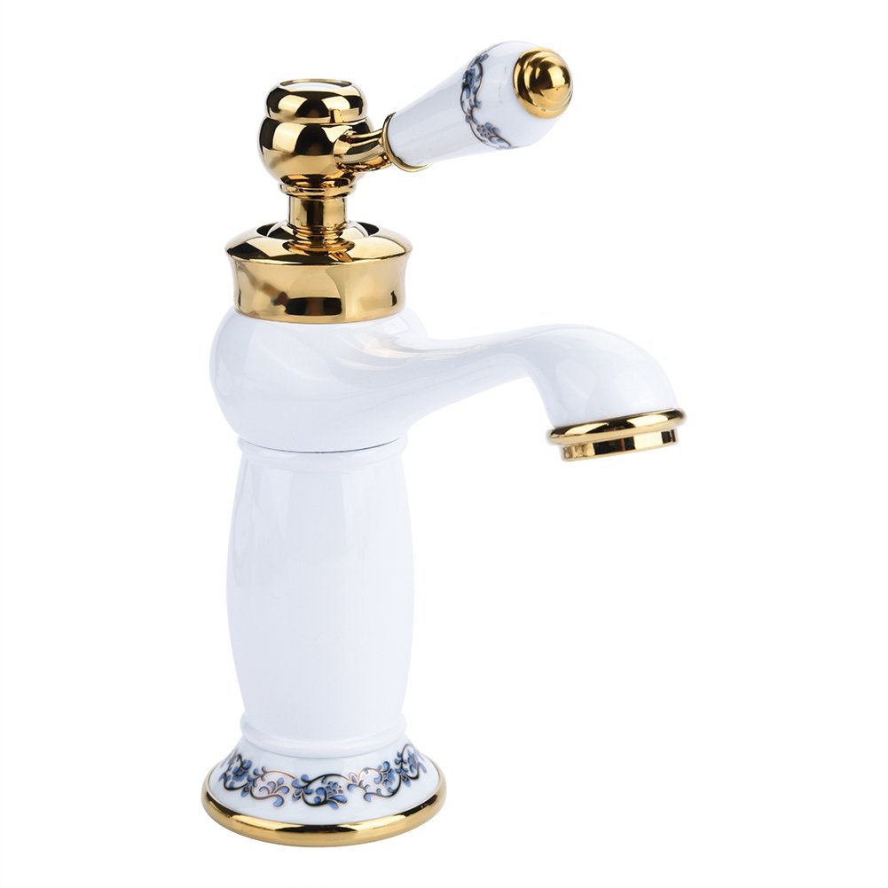 Antique Ceramic Brass Bathroom Faucet Sink Faucet Blue and White Porcelain Long Neck Vintage Basin Faucet Mixer Tap Kitchen Faucet Cold/Hot Water Faucet (White)