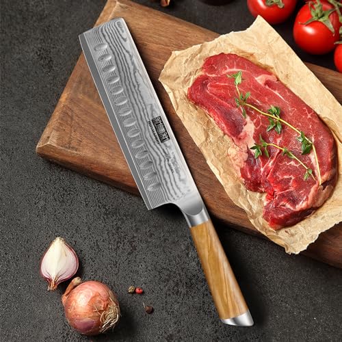 Cuchillo Nakiri Damasco 16,5 cm, Japones Cuchillo para Verduras, Profesional Cuchillo de Cocinero de 67 Capas de Acero Damasco con Mango de Madera de Olivo