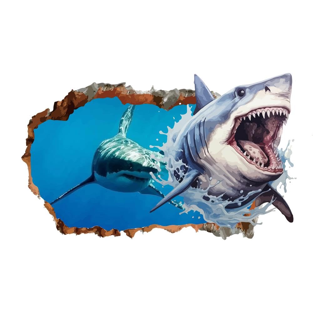 PLIGREAT 3D Shark Ocean Wall Decals Removable Underwater Adventure Wall Stickers for Bathroom Teens Bedroom Dorm Decor Peel and Stick Vinyl Wall Art with Broken Wall Effect