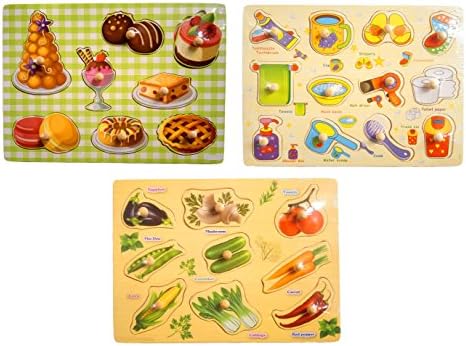 WELLSKEY Set of 3 Wooden Peg Puzzles (Sweets &amp; My Morning &amp; Vegetables)