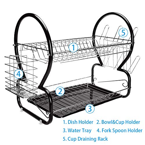 2-Tier Dish Rack and Drain Board, Brilliant Black Large Kitchen Plate Cup Dish Drying Rack Storage Tray Cutlery Dish Drainer Room Saving
