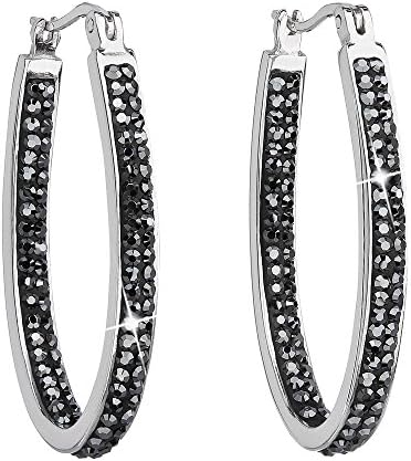 Hoop Sterling Silver Earrings Made with Swarovski Elements Crystals (Black / Hematite Color)