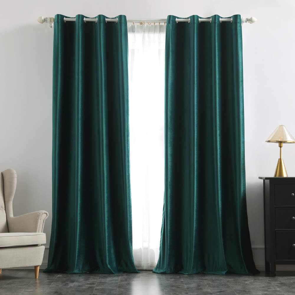 MIULEE Dark Green Velvet Curtains for Bedroom 2 Panel Set 96 Inch Drop Curtains
