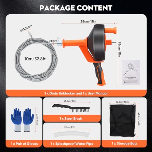 VAYOTOY Professional Pipe Unblocker, 10 m Flexible Spiral Unclogging Pipes for Kitchen Sinks, Bathrooms and Showers. Including Gloves, Bag, Brush