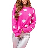 Women Heart Print Knit Pullover Sweater Long Sleeve Round Neck Love Pattern Sweaters Trendy Valentine Knitted Sweater