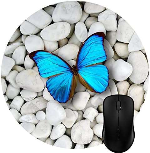 Luckcac Round Mouse Pad Customized Design, Navy Blue Nature Butterfly and Cute White Marble Stones
