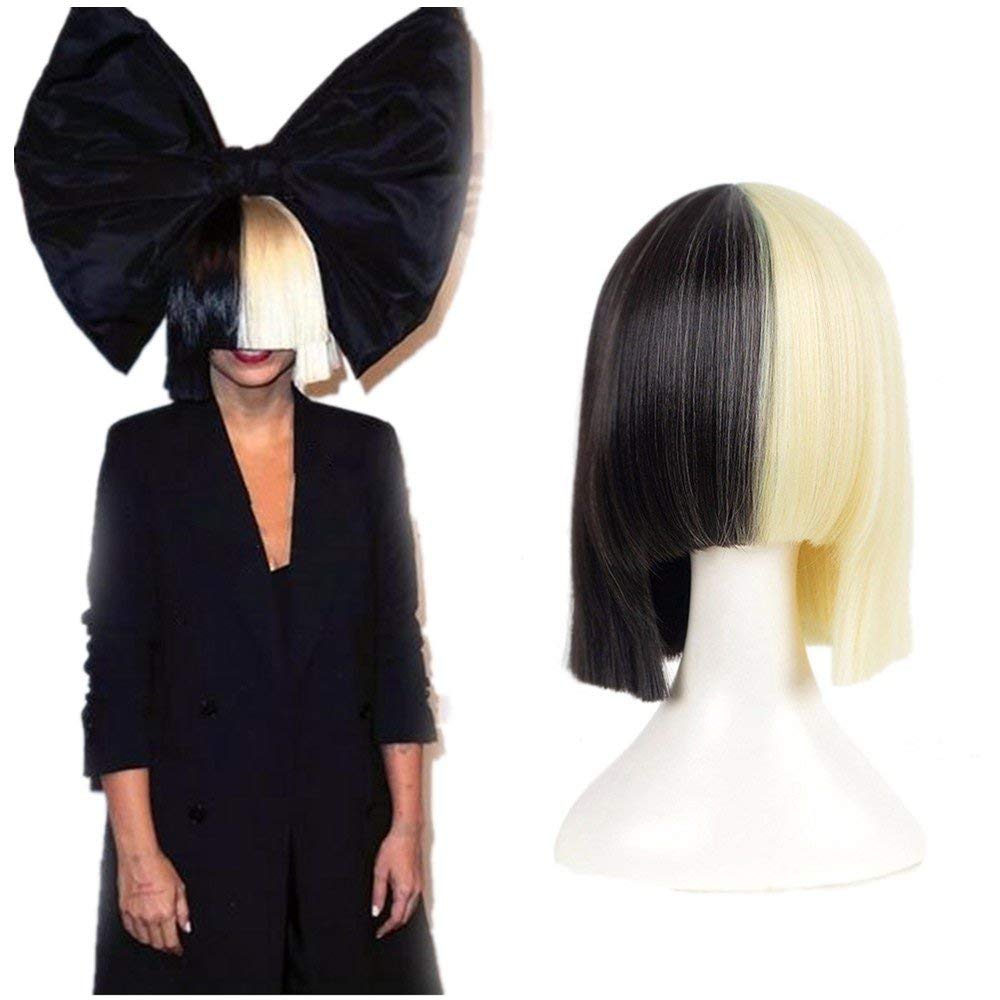 Creamily Half Blonde and Black Wig 2 Tone Hair Short Straight Cosplay Wig for Women Halloween Costume