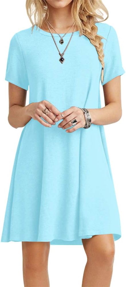 POPYOUNG Women's 2023 Summer Casual T-Shirt Dress Short Sleeves Swing Boho Beach Cover up