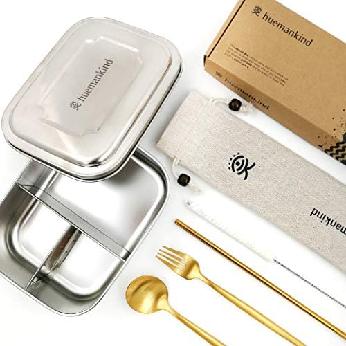 Stainless Steel Bento Double Tiffin Lunch Box with Premium Gold Flatware Set and Stainless Steel Straw Set | Perfect as Kids Silverware Set | Suitable for Adult & Kids | Eco-Friendly (Single)