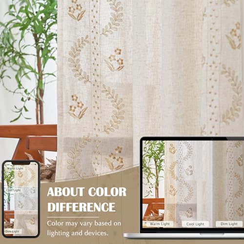 JINCHAN Linen Curtains for Bedroom Floral Curtains 84 Inch Length Linen Blend Beige Embroidered Drapes Farmhouse Flower Patterned Drapes for Living Room Window Treatments Set 2 Panels