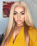 FUHSI Kanekalon Fiber 13×6 Lace Front Wig Dark Roots Synthetic Wig - Soft & Smooth,Straight,Elastic For Perfect Fit - Blonde 250D 22
