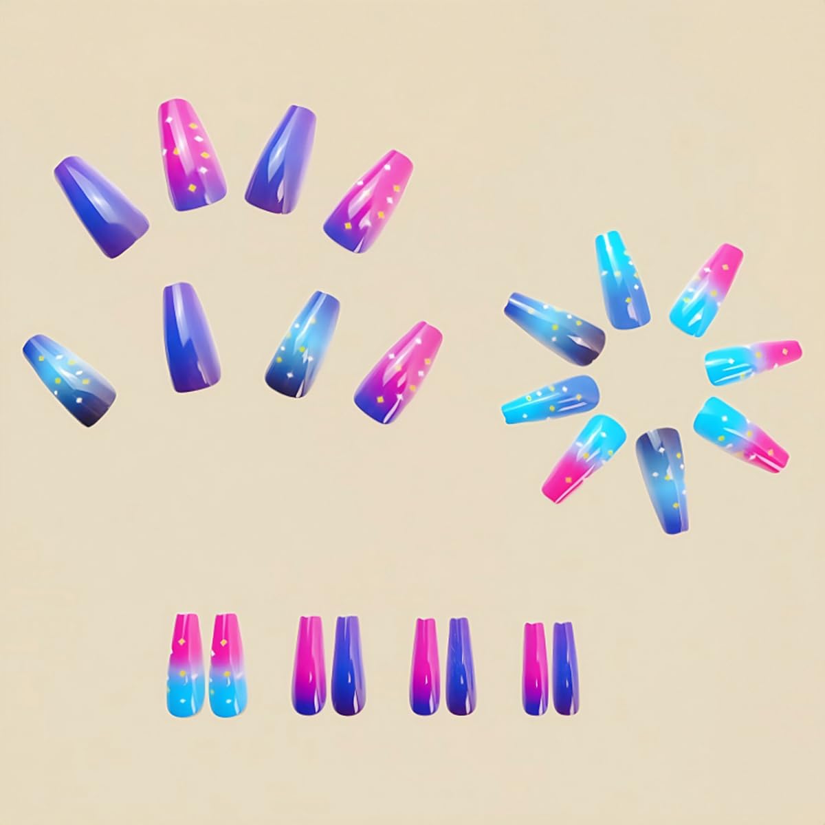 Medium Press on Nails Coffin Fake Nails with Purple Blue Pink Gradient Design Glue on Nails Glossy Acrylic Full Cover Nails Press on Reusable False Nails Cute Stick on Nails for Women Girls 24Pcs - Image 3