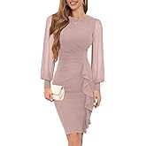 IHOT 2026 Women's Long Sheer Sleeve Ruched Sheath Bodycon Cocktail Party Work Dress