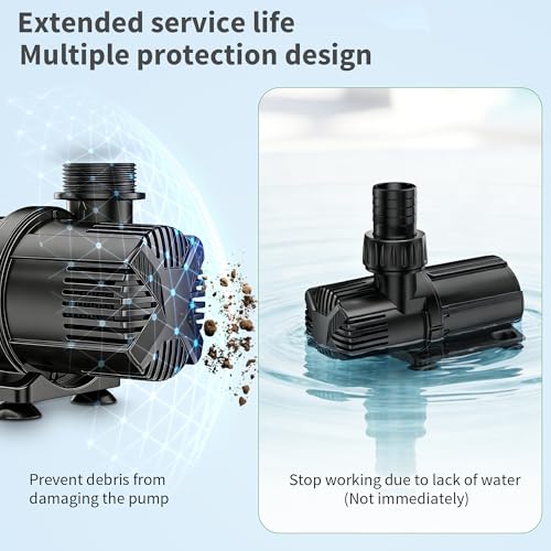 POPOSOAP 6000 L/h DC Pond Pump, Safe Low Voltage Quiet Fountain Pump with AC/DC Converter, 4 Hose Adapters for Garden Ponds, Aquariums, Fountains, Water Features