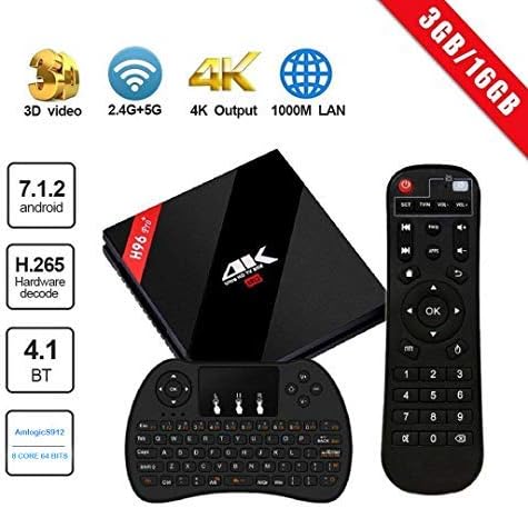 Android TV Box, H96 Pro Plus TV Box Android 7.1 3G RAM 16G ROM Amlogic S912 Octa Core Smart Android Box Dual WiFi 2.4G/5.8GHz Bluetooth 4.1 with Wireless Keyboard