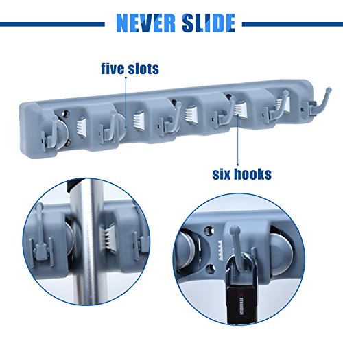 Auwey Broom Mop Holder Wall Mount Hook Gripper Slot, Garden Storage Rack Mop Broom Handle Kitchen Storage Garage Garden Tools Commercial Organizer Grey (5 Position 6 Hooks) - Thumbnail 3