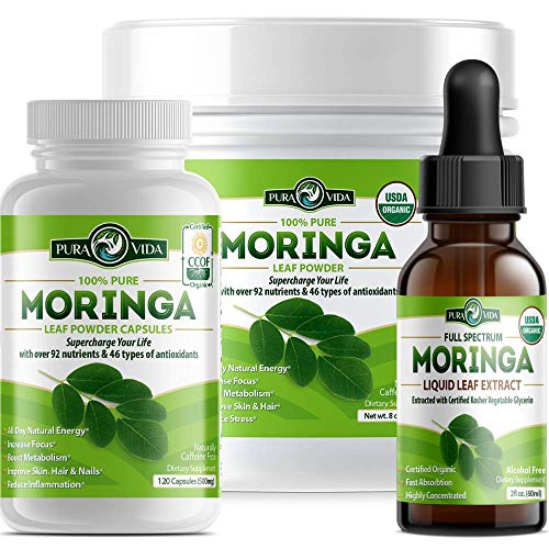 PURA VIDA Moringa Oleifera Combo Pack | Moringa Powder, Moringa Capsules and Moringa Extract Drops
