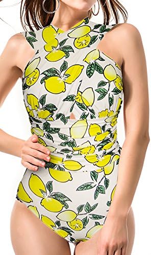 Kseey Women's Monokinis Bathing Suit Front Criss Cross Ruched Backless One Piece Swimsuit Lemon XL