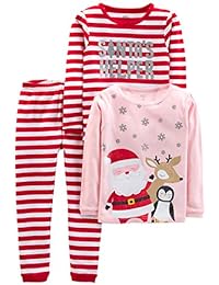 Baby, Little Kid, and Toddler Girls' 3-Piece Snug-Fit Cotton Christmas Pajama Set