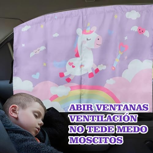 Parasol Ventana Lateral de Dibujos Animados, parasol coche nino, parasol magnético para coche, protector de sol para carro niño, cortina para auto tu hijo protección contra el so (unicornio)