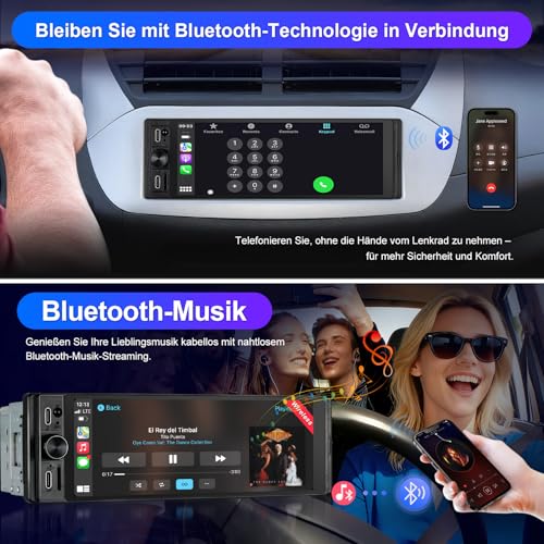 1 DIN Radio Compatible with Wireless CarPlay & Android Car, Car Radio 1Din with 6.28 Inch HD Screen, Navi, Bluetooth, AM/FM/RDS, TF, AUX, SWC