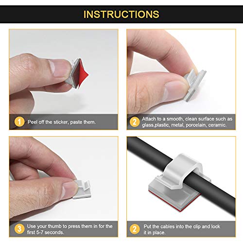 JIRVY Self Adhesive Cable Clips Black Management Wire Clip Cord Holder 100 Pack (Model R White) - Thumbnail 6