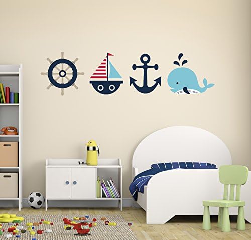 Whale Sailboat Anchor Wheel Wall Decal - Nautical Decor - Nursery Wall Decals - Nautical Set Wall Art Vinyl Sticker
