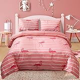 LAMEJOR Duvet Cover Set Queen Size Flamingo/Striped Pattern Luxury Soft Bedding Set Comforter Cover (1 Duvet Cover+2 Pillowcases) Pink