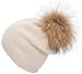 EASTER BARTHE Womens Grils Pure Double-Deck Cashmere Wool Blend Removable Raccoon Fur Pompom Winter Warm Knit Beanie Slouchy Skull Hat Cap (Beige)