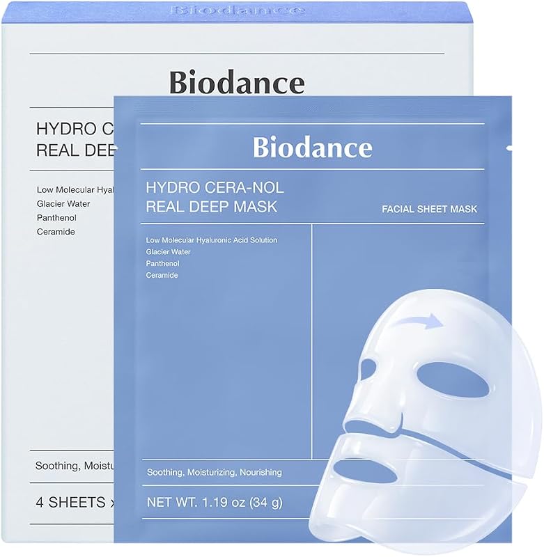 Hydro Cera-nol Real Deep Mask, Mascarilla Facial de Hidrogel Nocturna, Hidratante y Calmante, Reduce el Enrojecimiento y Refuerza la Barrera, K-Beauty | 4 Unidades