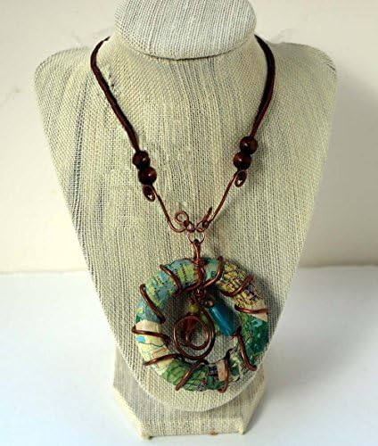Decoupage Recycled Map Hoop Necklace Wire Wrap Copper Leather Cord Chain