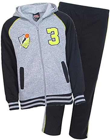 Mad Game Boys 2 Piece Hooded Fleece Sweatshirt and Pants Jog Set, Grey/Lime, Size 12/14'