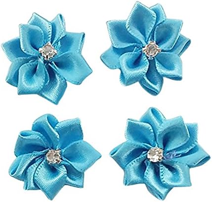 Dandan DIY Upick More Than 26 Colors 40PCS Satin Ribbon Flowers Bows Rose w/Rhinestone Appliques Craft Wedding Dec (Turquoise)